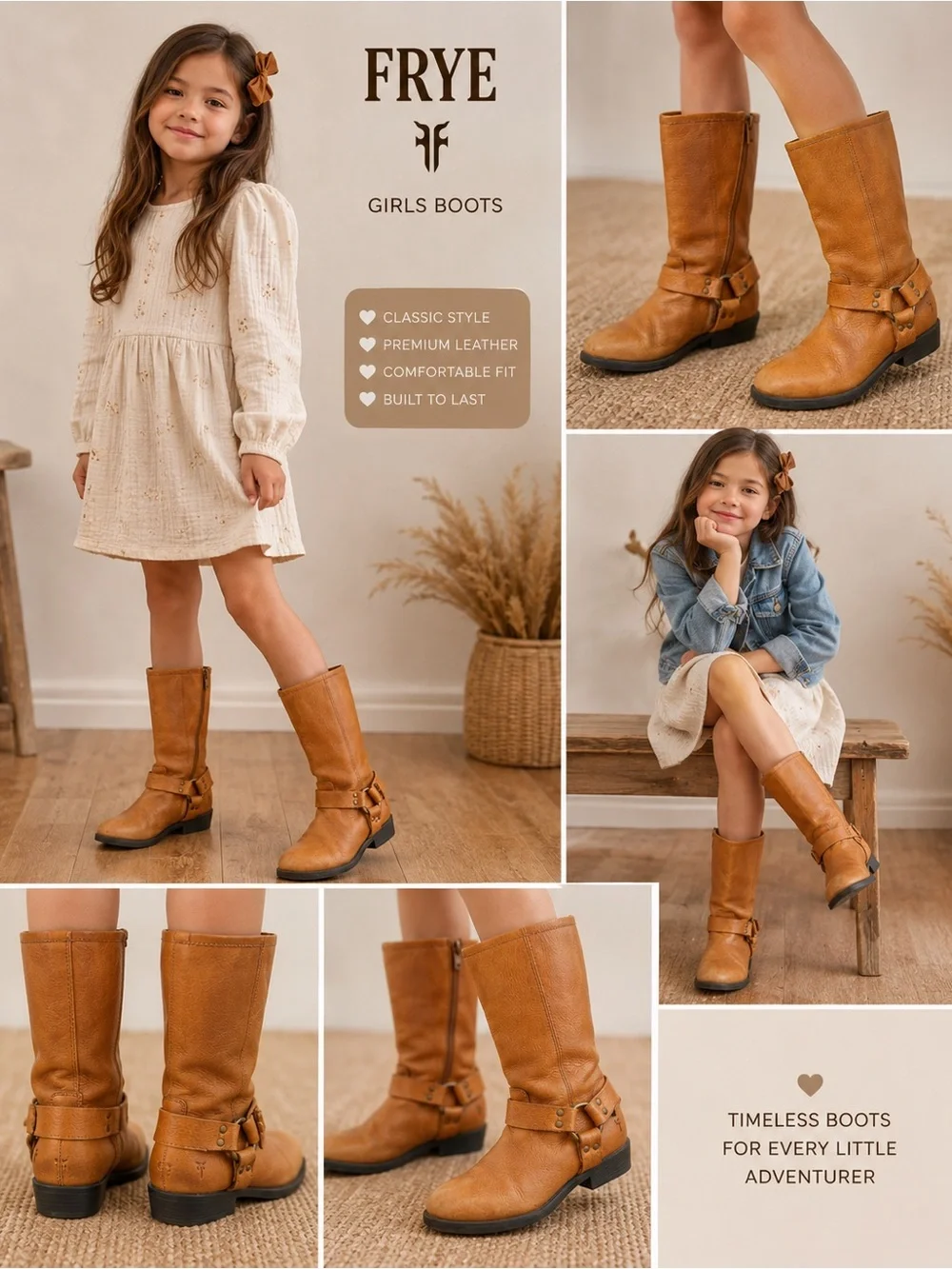 FRYE Kids Phillip Harness Tall Boots US 12.5 YOUTH Brown Leather